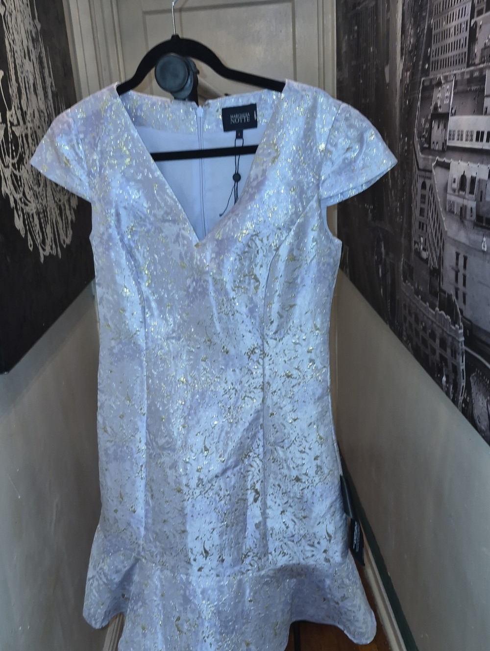 Marchesa White Dress with Gold Metallic Embroidery